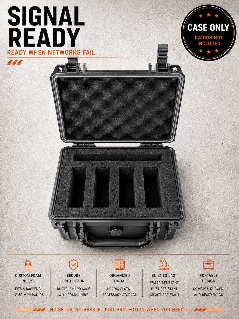 Open protective hard case with custom-cut foam for four handheld radios