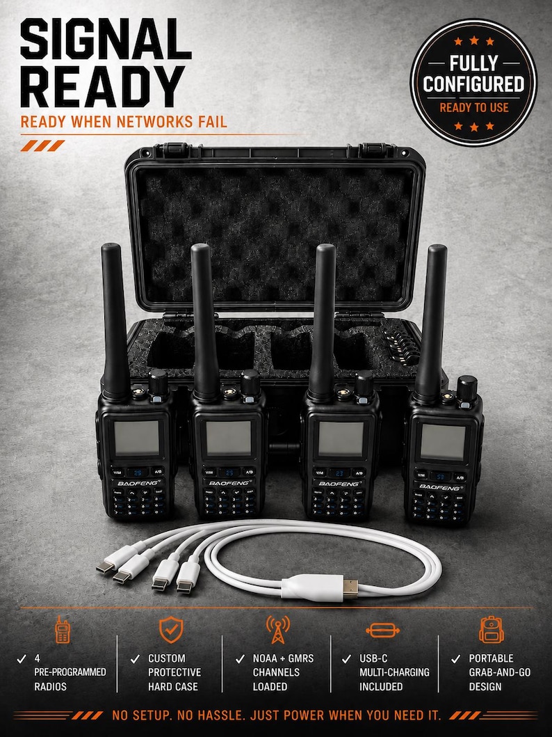 Four handheld radios with antennas beside an open Signal Ready protective case