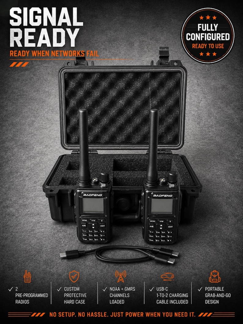 Two Baofeng handheld radios beside an open protective hard case